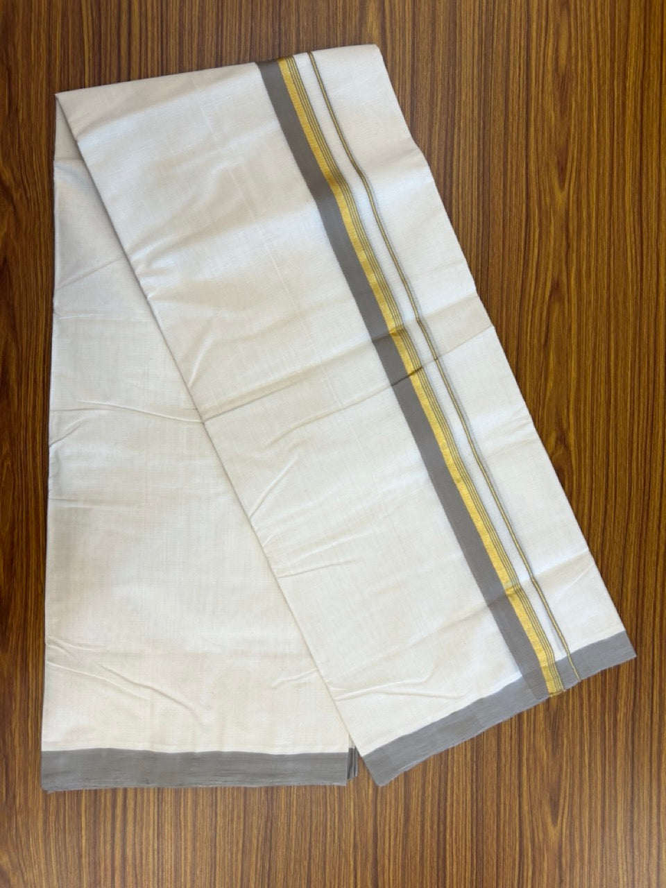 25% Discount! KaithariKada HANDLOOM MILLPAAV Balaramapuram - 100% PURE Cotton OFF White (Unbleached) Double Mundu/Dothi - 80x90 - 1.25 inch Kasavu stripes Light Grey Mulloth Kara 4.5 Meters (10 Muzham) - 65KK5234 RAM