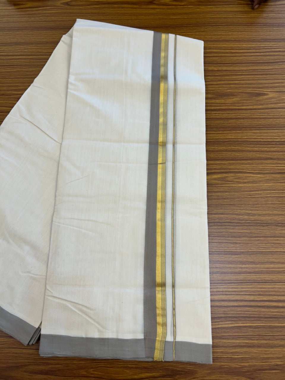 25% Discount! KaithariKada HANDLOOM MILLPAAV Balaramapuram - 100% PURE Cotton OFF White (Unbleached) Double Mundu/Dothi - 80x90 - 1.25 inch Kasavu stripes Light Grey Mulloth Kara 4.5 Meters (10 Muzham) - 65KK5234 RAM
