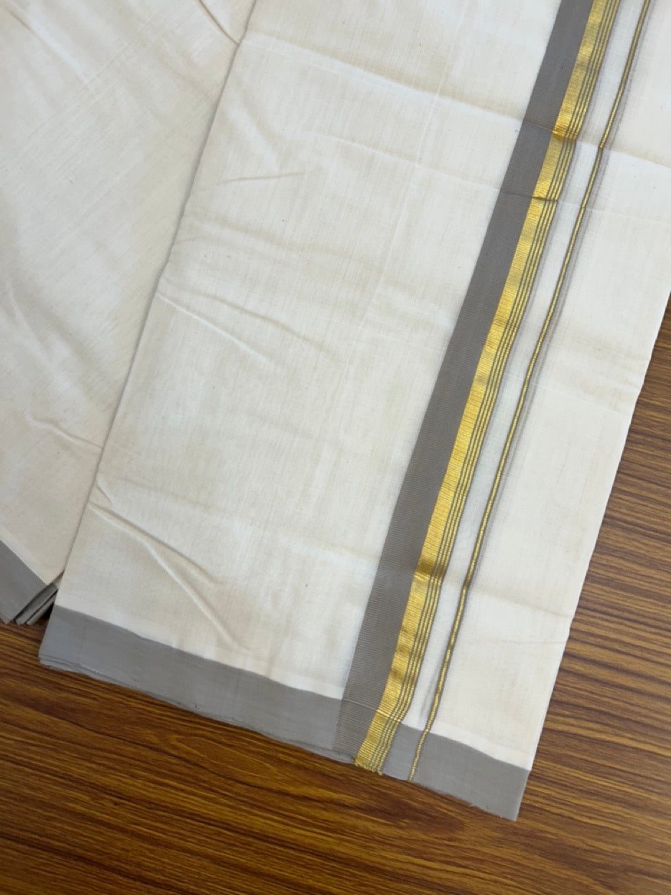 25% Discount! KaithariKada HANDLOOM MILLPAAV Balaramapuram - 100% PURE Cotton OFF White (Unbleached) Double Mundu/Dothi - 80x90 - 1.25 inch Kasavu stripes Light Grey Mulloth Kara 4.5 Meters (10 Muzham) - 65KK5234 RAM
