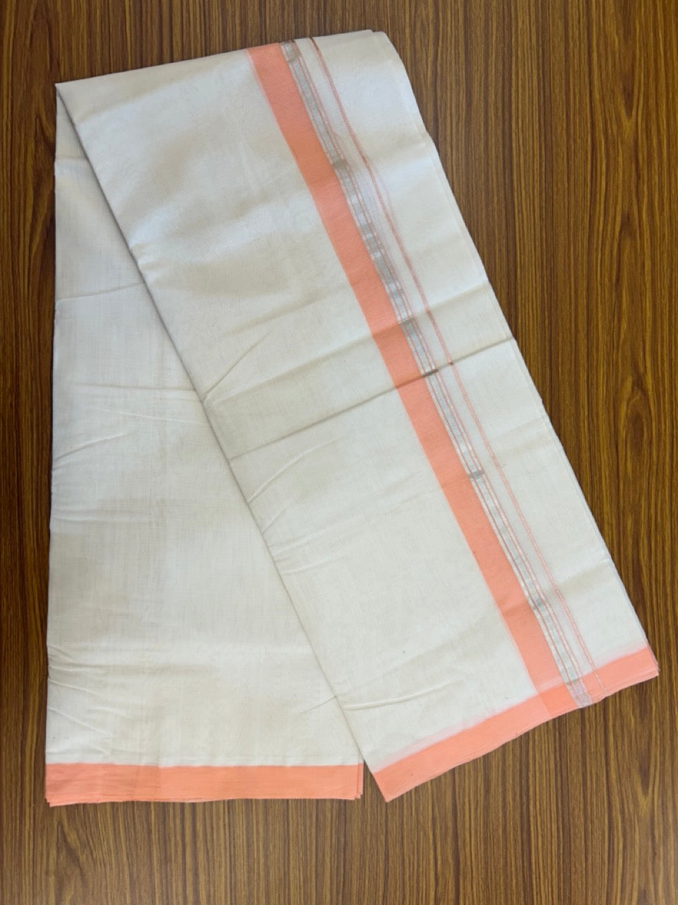 25% DISCOUNT!! KaithariKada HANDLOOM MILLPAAV Balaramapuram - 100% PURE Cotton OFF White (Unbleached) Double Mundu/Dothi - 80x90 - 1.5 inch Silver kasavu stripes Peach Pink Mulloth Kara 4.5 Meters (10 Muzham) - 63KK5234 RAM