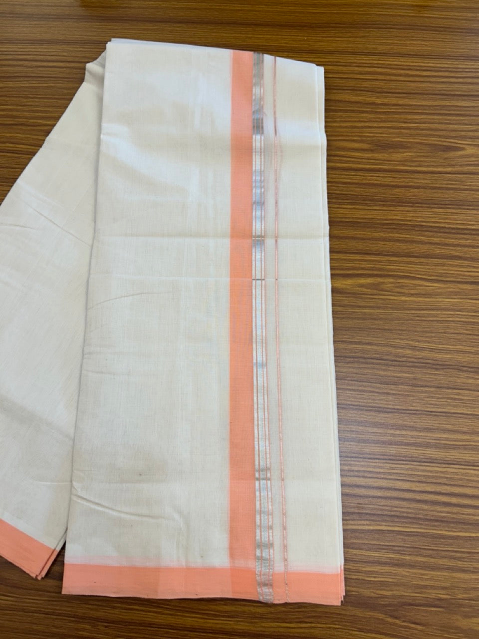 25% DISCOUNT!! KaithariKada HANDLOOM MILLPAAV Balaramapuram - 100% PURE Cotton OFF White (Unbleached) Double Mundu/Dothi - 80x90 - 1.5 inch Silver kasavu stripes Peach Pink Mulloth Kara 4.5 Meters (10 Muzham) - 63KK5234 RAM