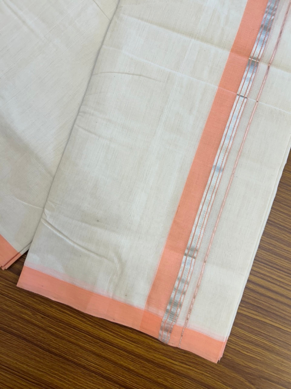25% DISCOUNT!! KaithariKada HANDLOOM MILLPAAV Balaramapuram - 100% PURE Cotton OFF White (Unbleached) Double Mundu/Dothi - 80x90 - 1.5 inch Silver kasavu stripes Peach Pink Mulloth Kara 4.5 Meters (10 Muzham) - 63KK5234 RAM