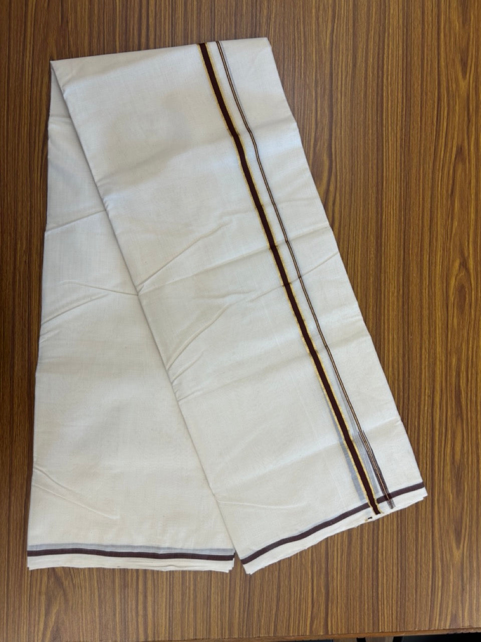 25% DISCOUNT!! KaithariKada HANDLOOM MILPAAV Balaramapuram - 100% PURE Cotton OFF White Double - (Unbleached) Mundu/Dothi - 80x90 - 0.5 Inch Kasavu Brownish Maroon Puliyilakkara chutty - 68KK5234 RAM