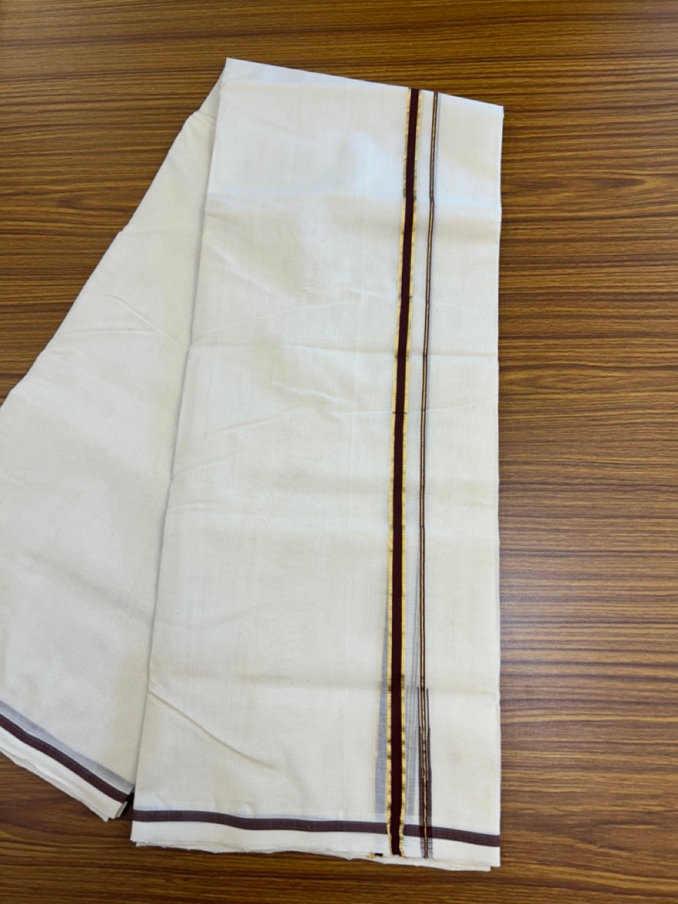 25% DISCOUNT!! KaithariKada HANDLOOM MILPAAV Balaramapuram - 100% PURE Cotton OFF White Double - (Unbleached) Mundu/Dothi - 80x90 - 0.5 Inch Kasavu Brownish Maroon Puliyilakkara chutty - 68KK5234 RAM