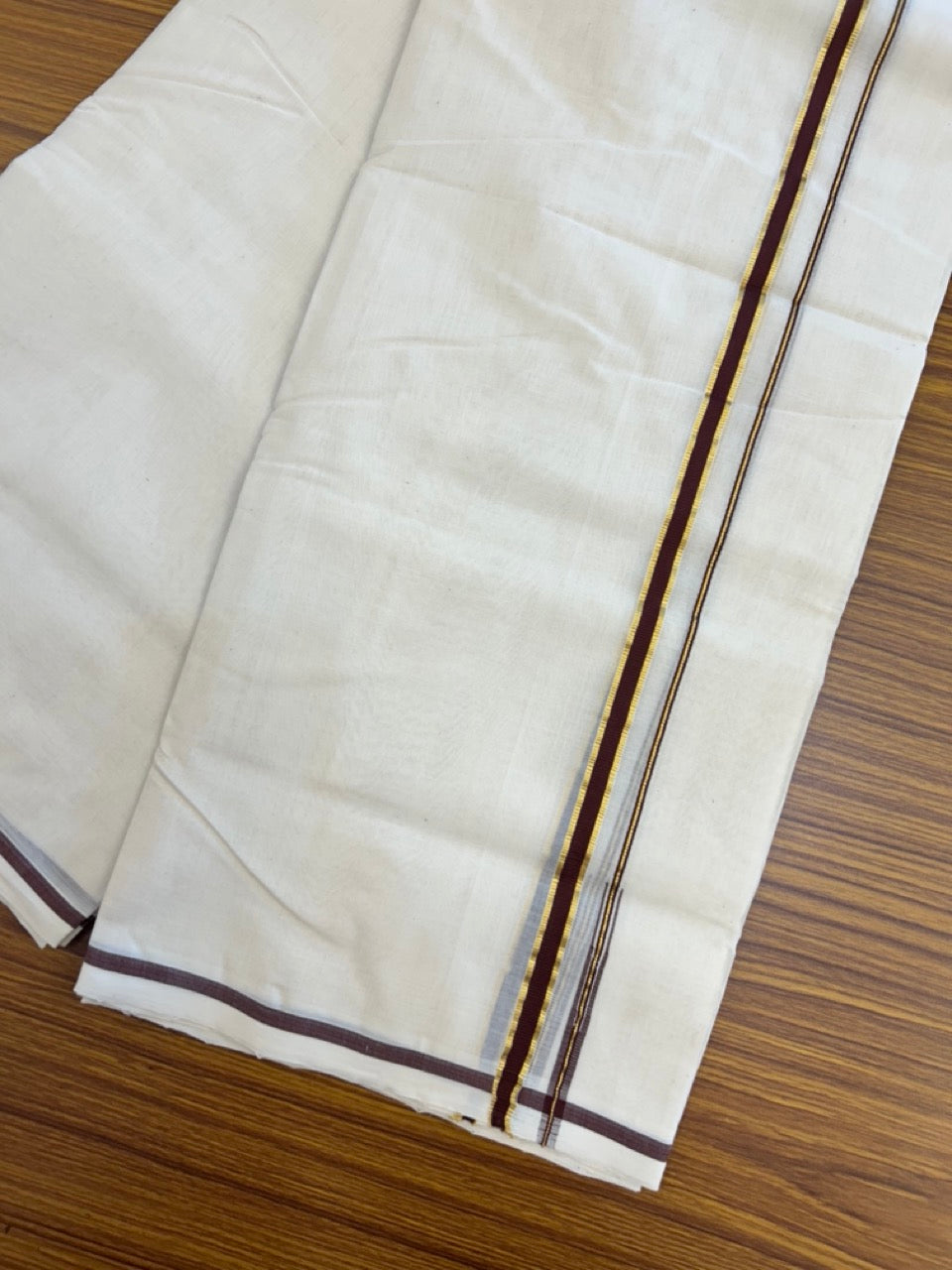 25% DISCOUNT!! KaithariKada HANDLOOM MILPAAV Balaramapuram - 100% PURE Cotton OFF White Double - (Unbleached) Mundu/Dothi - 80x90 - 0.5 Inch Kasavu Brownish Maroon Puliyilakkara chutty - 68KK5234 RAM