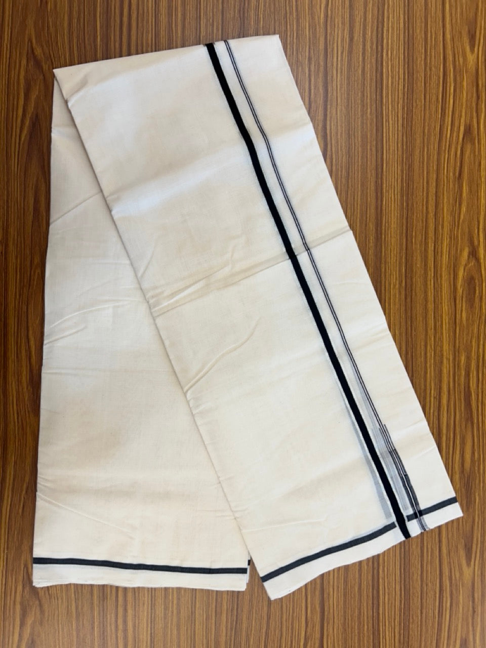 25% DISCOUNT!! KaithariKada HANDLOOM MILPAAV Balaramapuram - 100% PURE Cotton OFF White Double - (Unbleached) Mundu/Dothi - 80x90 - 0.5 Inch Silver Kasavu Black Puliyilakkara chutty - 72KK5234 RAM