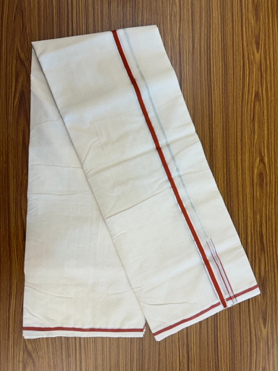 25% DISCOUNT!! KaithariKada HANDLOOM MILPAAV Balaramapuram - 100% PURE Cotton OFF White Double - (Unbleached) Mundu/Dothi - 80x90 - 0.5 Inch Silver Kasavu Brick Orange Puliyilakkara chutty - 77KK5234 RAM