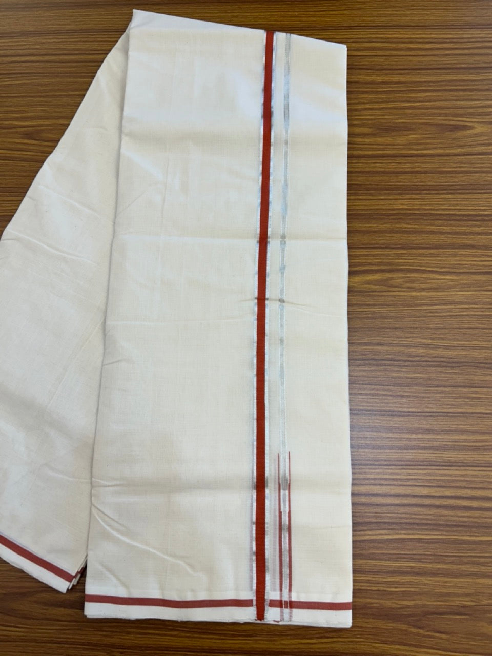 25% DISCOUNT!! KaithariKada HANDLOOM MILPAAV Balaramapuram - 100% PURE Cotton OFF White Double - (Unbleached) Mundu/Dothi - 80x90 - 0.5 Inch Silver Kasavu Brick Orange Puliyilakkara chutty - 77KK5234 RAM
