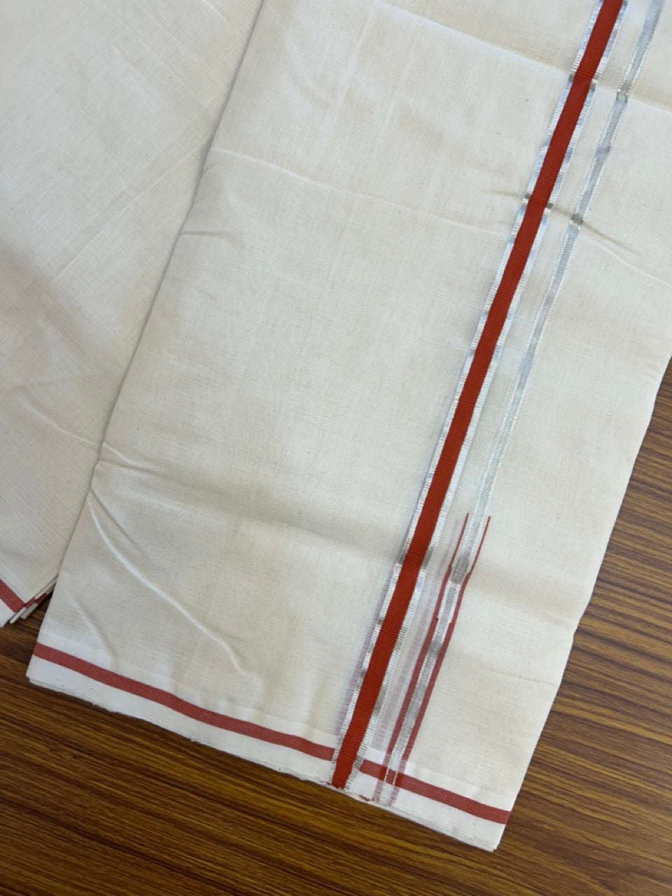 25% DISCOUNT!! KaithariKada HANDLOOM MILPAAV Balaramapuram - 100% PURE Cotton OFF White Double - (Unbleached) Mundu/Dothi - 80x90 - 0.5 Inch Silver Kasavu Brick Orange Puliyilakkara chutty - 77KK5234 RAM