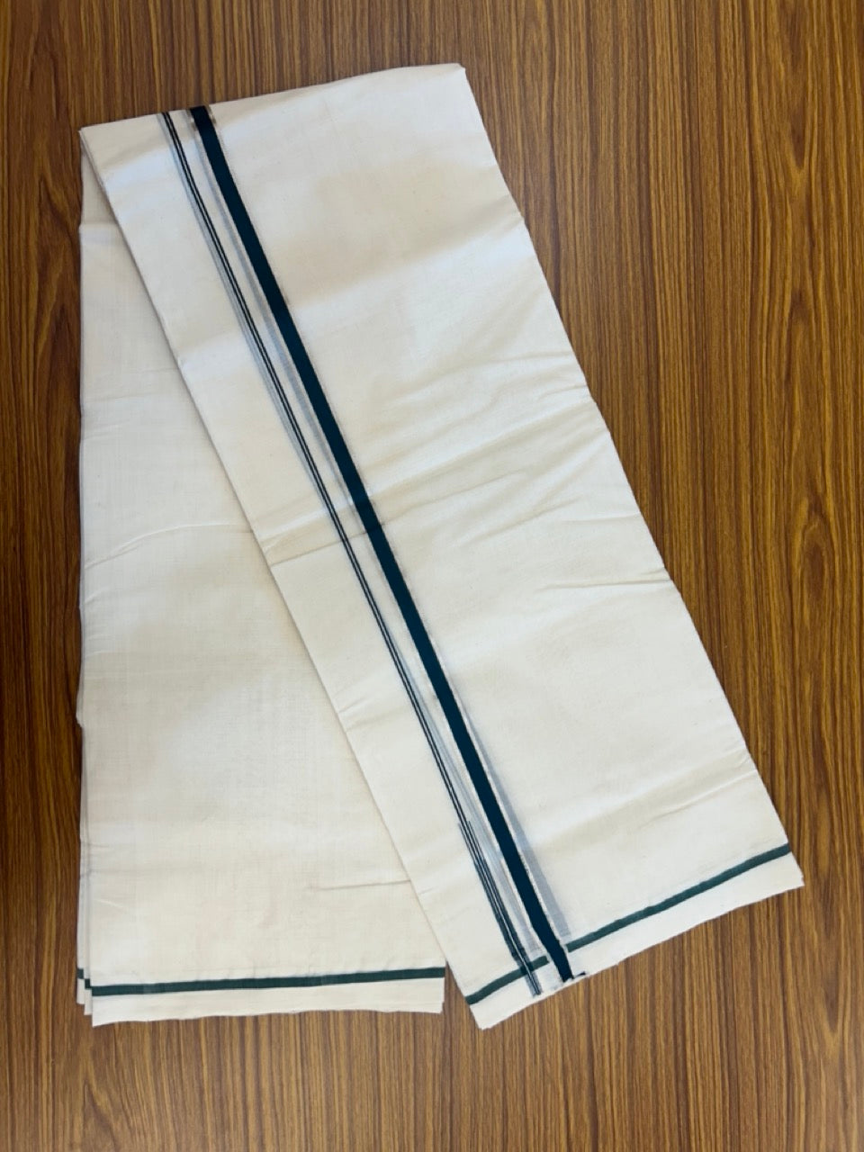 25% DISCOUNT!! KaithariKada HANDLOOM MILPAAV Balaramapuram - 100% PURE Cotton OFF White Double - (Unbleached) Mundu/Dothi - 80x90 - 0.5 Inch Silver Kasavu Dark Green Puliyilakkara chutty - 73KK5234 RAM