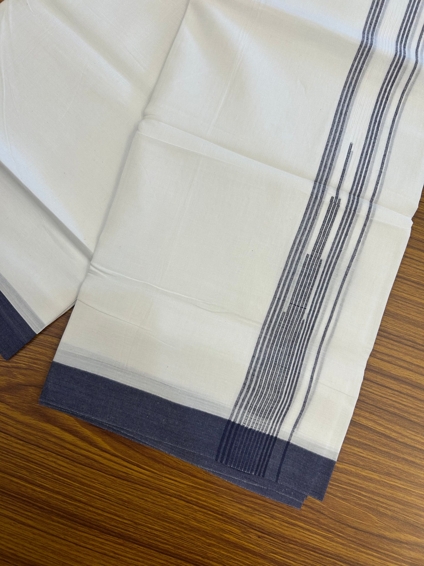 20% Discount ! Kaitharikada Balaramapuram 100% Pure Cotton Double Pure White Mundu/Dhoti - 100x80 - 1.5 inch Navy Blue shaded striped Temple chutty 3.90 mtr (8.5 muzham) - 126 KK5361 PMC