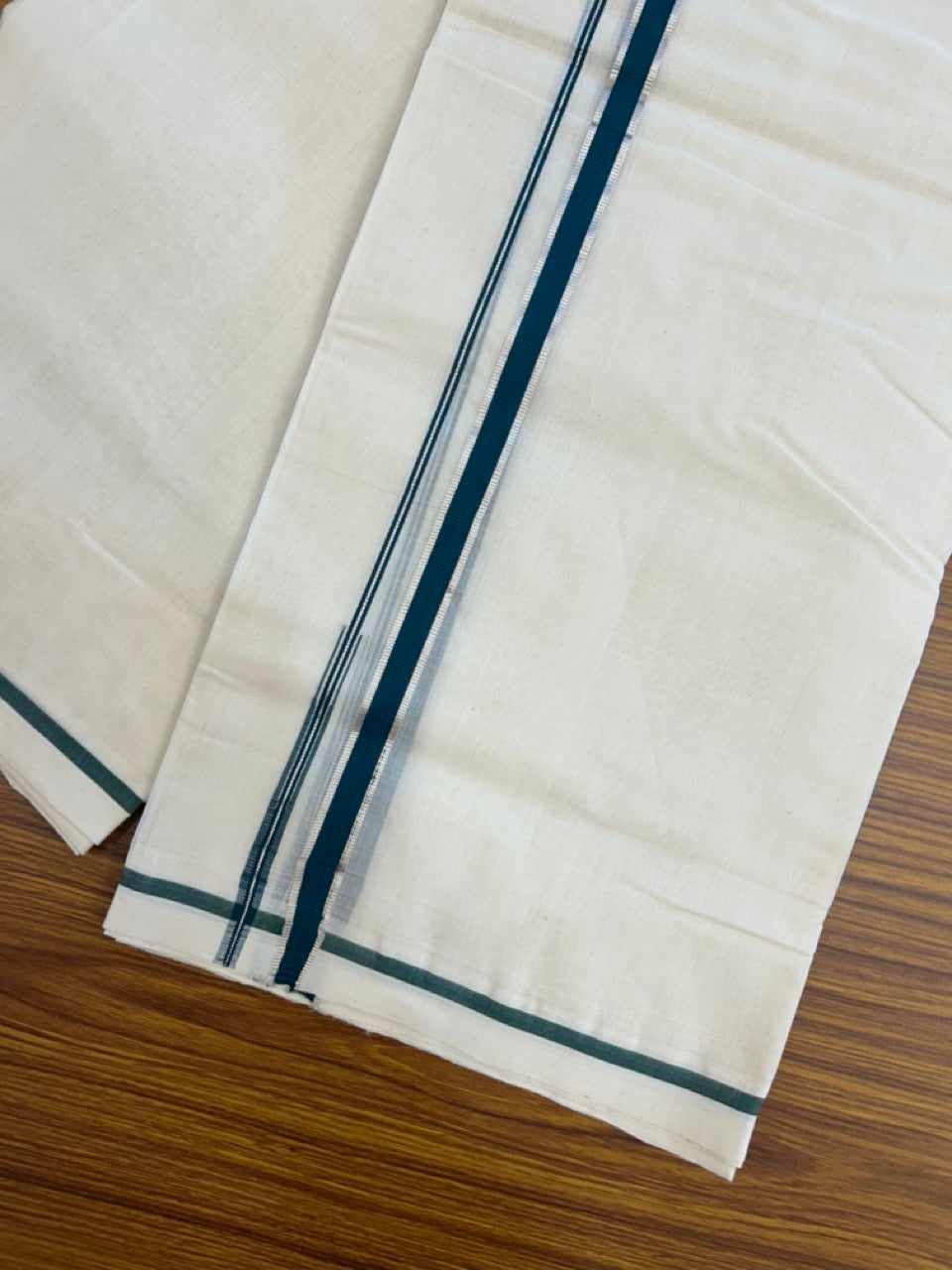 25% DISCOUNT!! KaithariKada HANDLOOM MILPAAV Balaramapuram - 100% PURE Cotton OFF White Double - (Unbleached) Mundu/Dothi - 80x90 - 0.5 Inch Silver Kasavu Dark Green Puliyilakkara chutty - 73KK5234 RAM