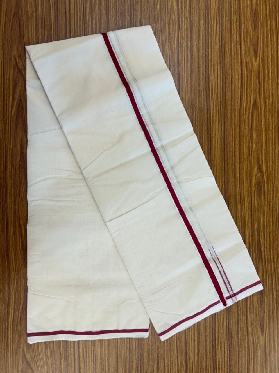 25% DISCOUNT!! KaithariKada HANDLOOM MILPAAV Balaramapuram - 100% PURE Cotton OFF White Double - (Unbleached) Mundu/Dothi - 80x90 - 0.5 Inch Silver Kasavu Dark Red Puliyilakkara chutty - 75KK5234 RAM