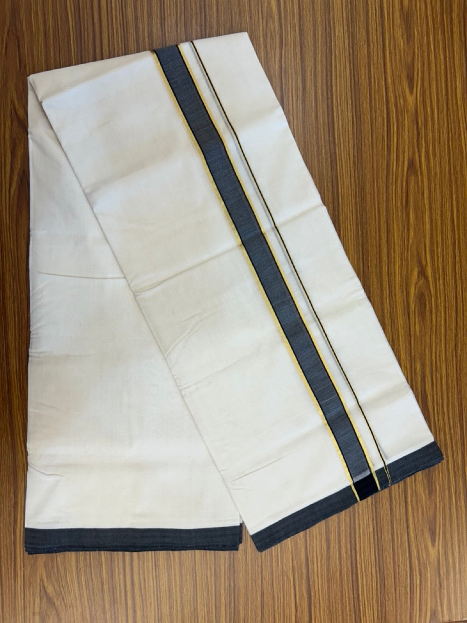 25% Discount! KaithariKada HANDLOOM UNAKKUPAAV Balaramapuram - 100% PURE Cotton OFF White (Unbleached) Double Mundu/Dothi - 80x90 - 1.5 inch Kasavu Black Mulloth Kara 4.5 Meters (10 Muzham) - 66KK5234 RAM