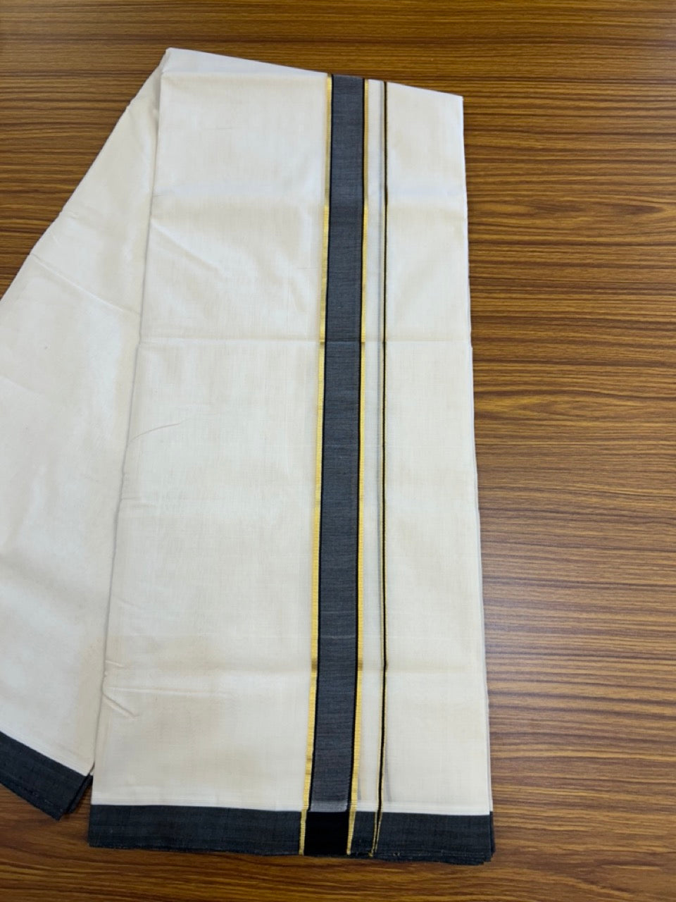 25% Discount! KaithariKada HANDLOOM UNAKKUPAAV Balaramapuram - 100% PURE Cotton OFF White (Unbleached) Double Mundu/Dothi - 80x90 - 1.5 inch Kasavu Black Mulloth Kara 4.5 Meters (10 Muzham) - 66KK5234 RAM