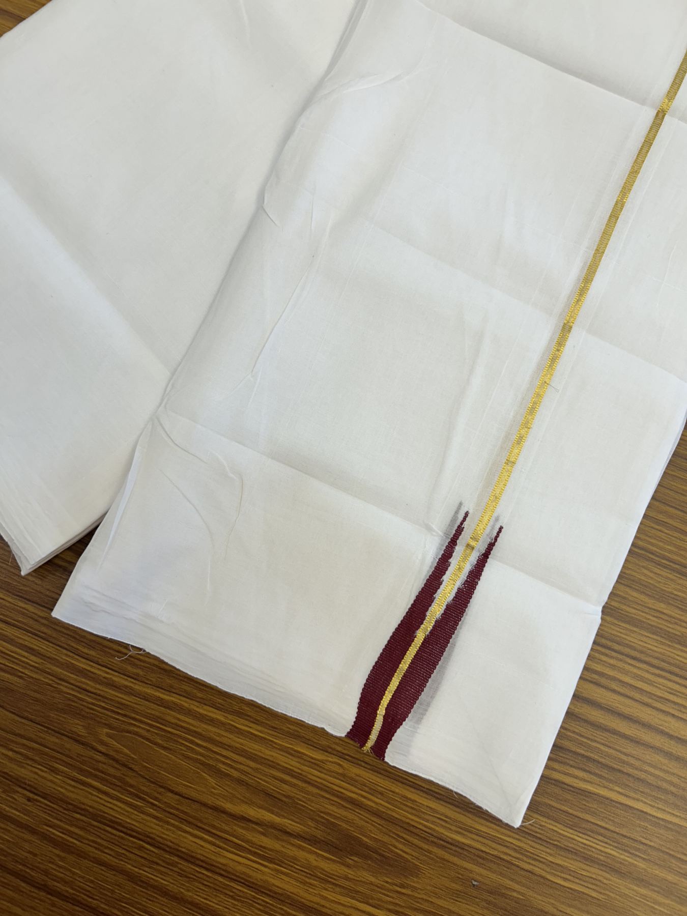 25% Disocunt!! KaithariKada Kerala Handloom Millpaav - 100% Pure Cotton Double - Mundu/Dhoti - 80x90 - 0.75 inch Puliyilakkara Gold Kasavu & Maroon Chutty Kara - 3.56 mtr (7.63 muzham) - 1 KK5337 RAM