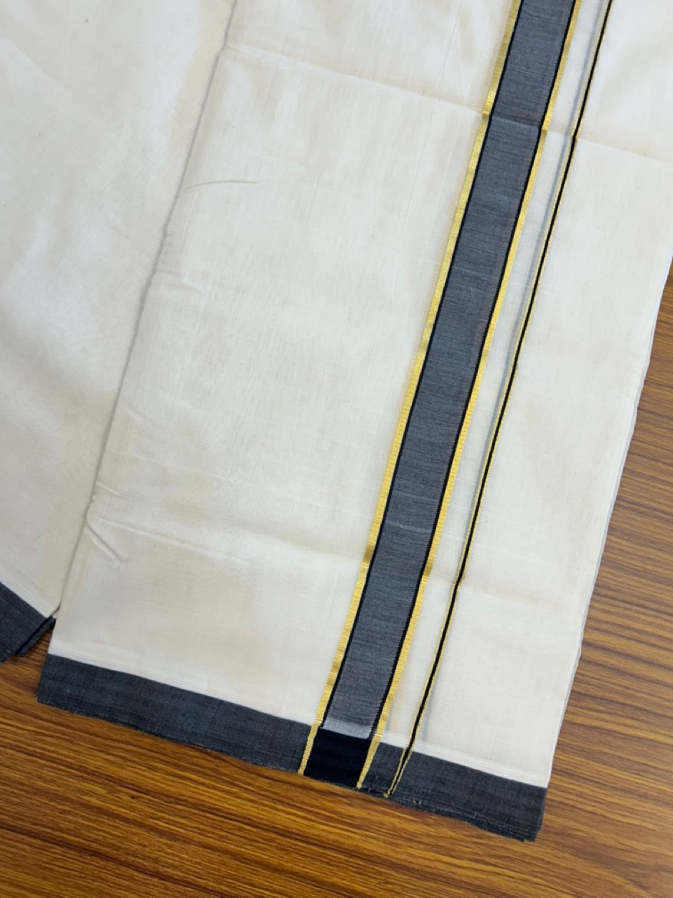 25% Discount! KaithariKada HANDLOOM UNAKKUPAAV Balaramapuram - 100% PURE Cotton OFF White (Unbleached) Double Mundu/Dothi - 80x90 - 1.5 inch Kasavu Black Mulloth Kara 4.5 Meters (10 Muzham) - 66KK5234 RAM