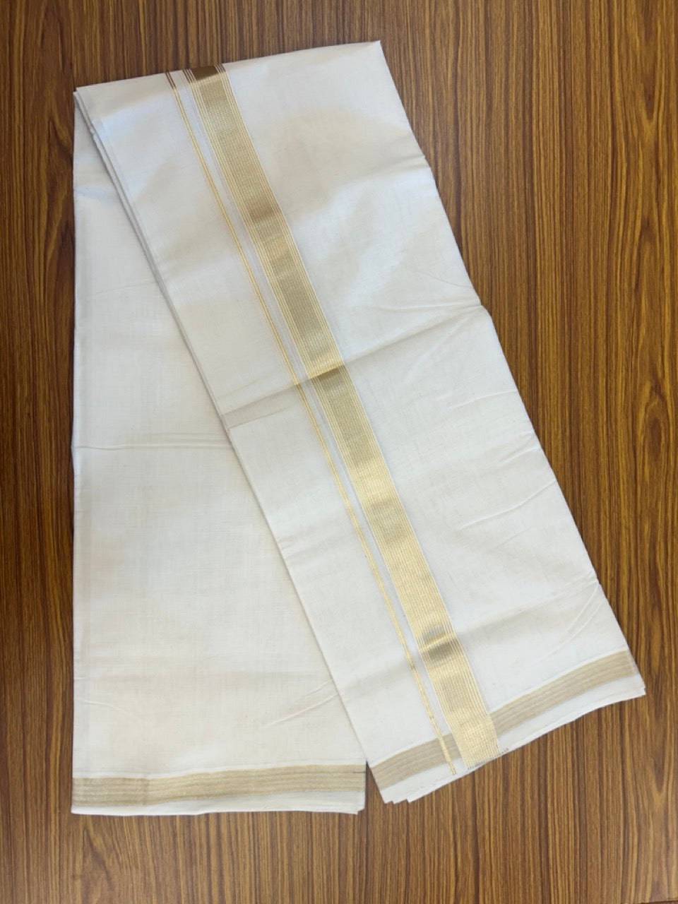 25% DISCOUNT!! KaithariKada HANDLOOM MILPAAV Balaramapuram - 100% PURE Cotton OFF White Double - (Unbleached) Mundu/Dothi - 80x90 - 1.25 inch Gold silver kasavu & White striped Kara - 85 KK5234 RAM