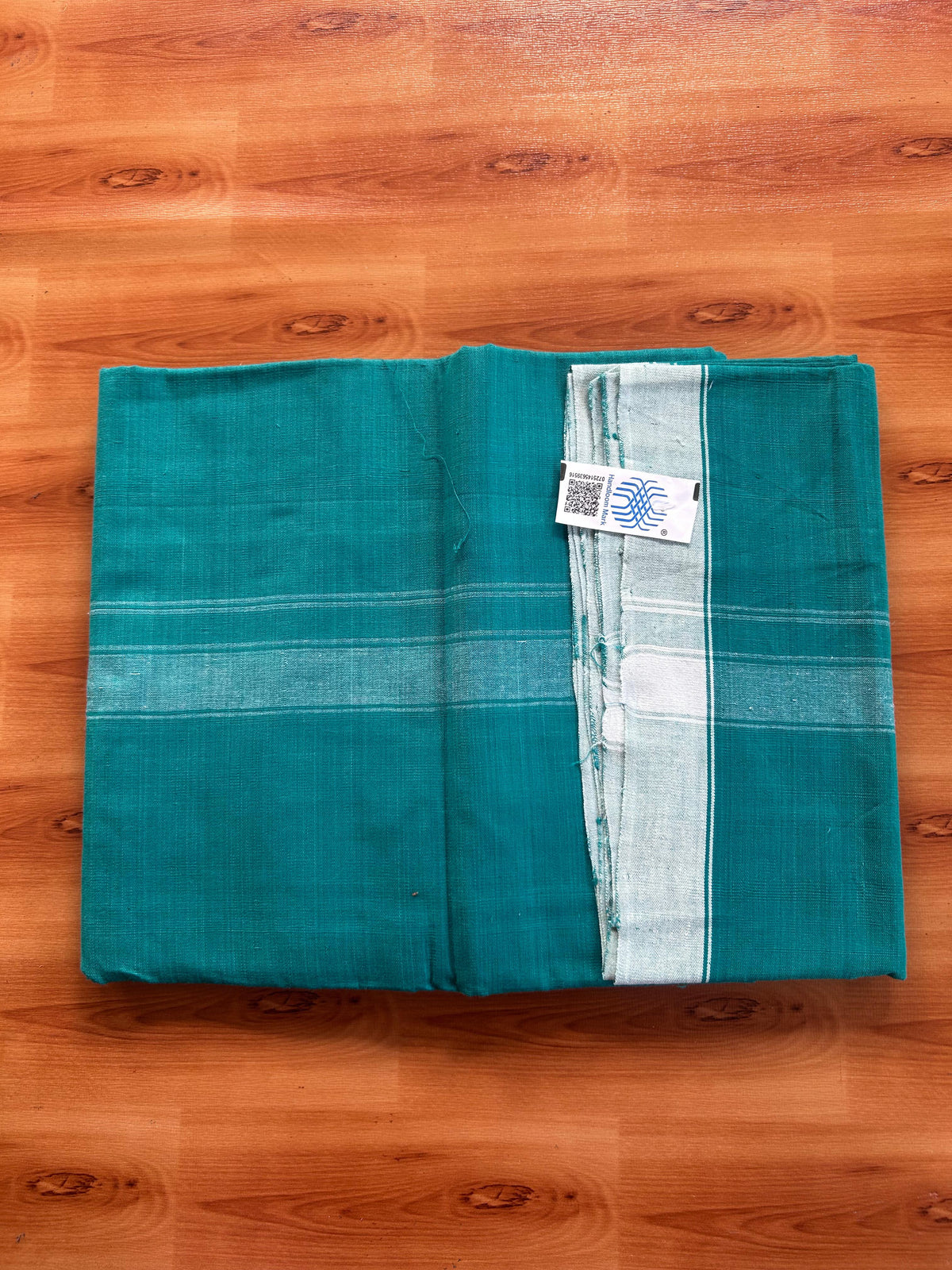 Kerala Handloom - Signature Kaitharikada - 100% Pure Cotton 2/60x40s Thread - Single Mundu / Dhoti - 1.25 inch White Shaded Striped Kara with Peacock Green colour Body (2 meter / 4 muzham) - 71 KK8080 KAL