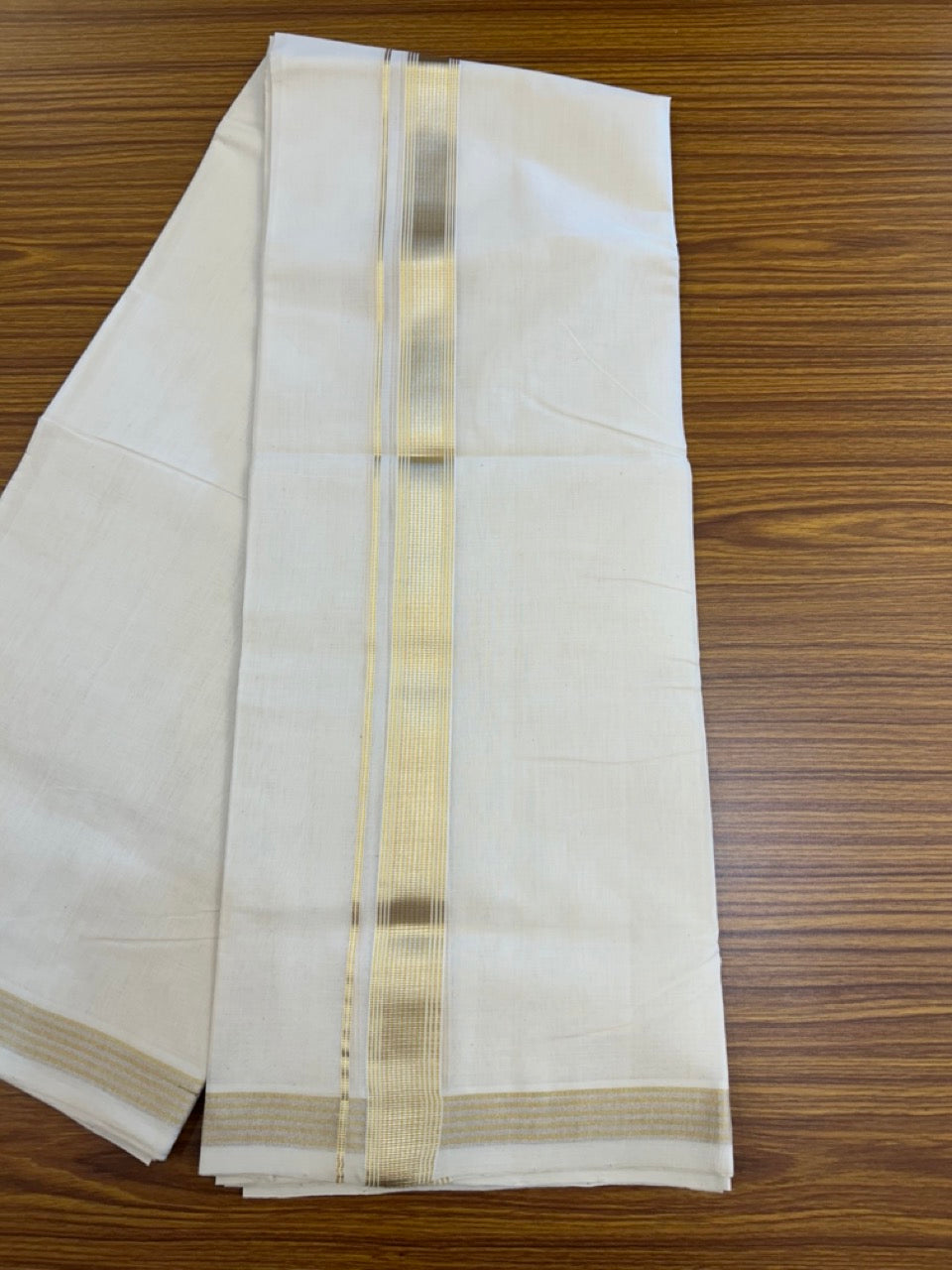 25% DISCOUNT!! KaithariKada HANDLOOM MILPAAV Balaramapuram - 100% PURE Cotton OFF White Double - (Unbleached) Mundu/Dothi - 80x90 - 1.25 inch Gold silver kasavu & White striped Kara - 85 KK5234 RAM