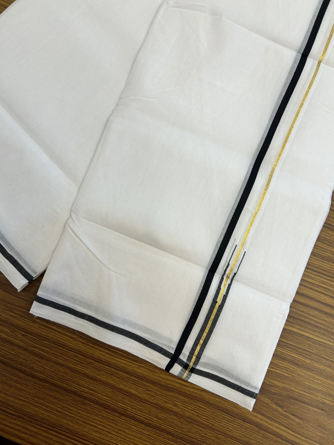 25% Disocunt!! KaithariKada Kerala Handloom Millpaav - 100% Pure Cotton Double - Mundu/Dhoti - 80x90 - .025 inch Puliyilakkara Gold Kasav & Black Chutty Kara - 3.96 mtr (8.49 muzham) - 7 KK5337 RAM