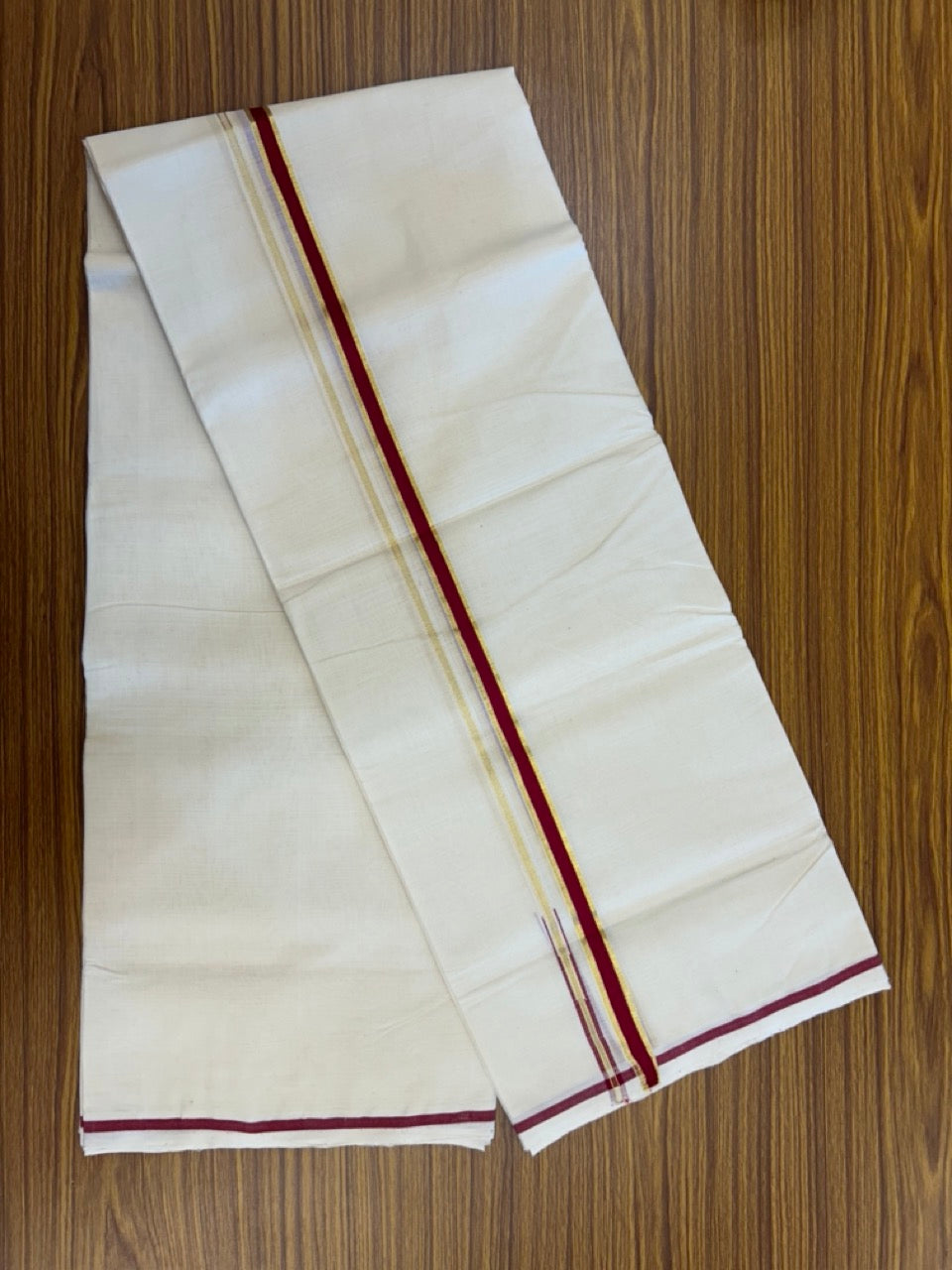25% DISCOUNT!! KaithariKada HANDLOOM MILPAAV Balaramapuram - 100% PURE Cotton OFF White Double - (Unbleached) Mundu/Dothi - 80x90 - 0.5 Inch Kasavu Deep Red Puliyilakkara chutty - 70KK5234 RAM