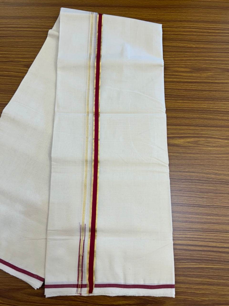 25% DISCOUNT!! KaithariKada HANDLOOM MILPAAV Balaramapuram - 100% PURE Cotton OFF White Double - (Unbleached) Mundu/Dothi - 80x90 - 0.5 Inch Kasavu Deep Red Puliyilakkara chutty - 70KK5234 RAM