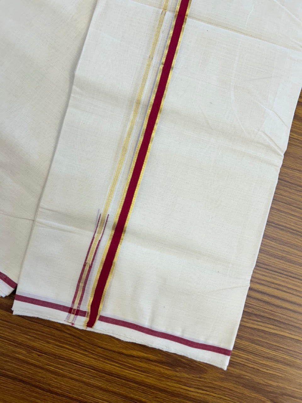 25% DISCOUNT!! KaithariKada HANDLOOM MILPAAV Balaramapuram - 100% PURE Cotton OFF White Double - (Unbleached) Mundu/Dothi - 80x90 - 0.5 Inch Kasavu Deep Red Puliyilakkara chutty - 70KK5234 RAM