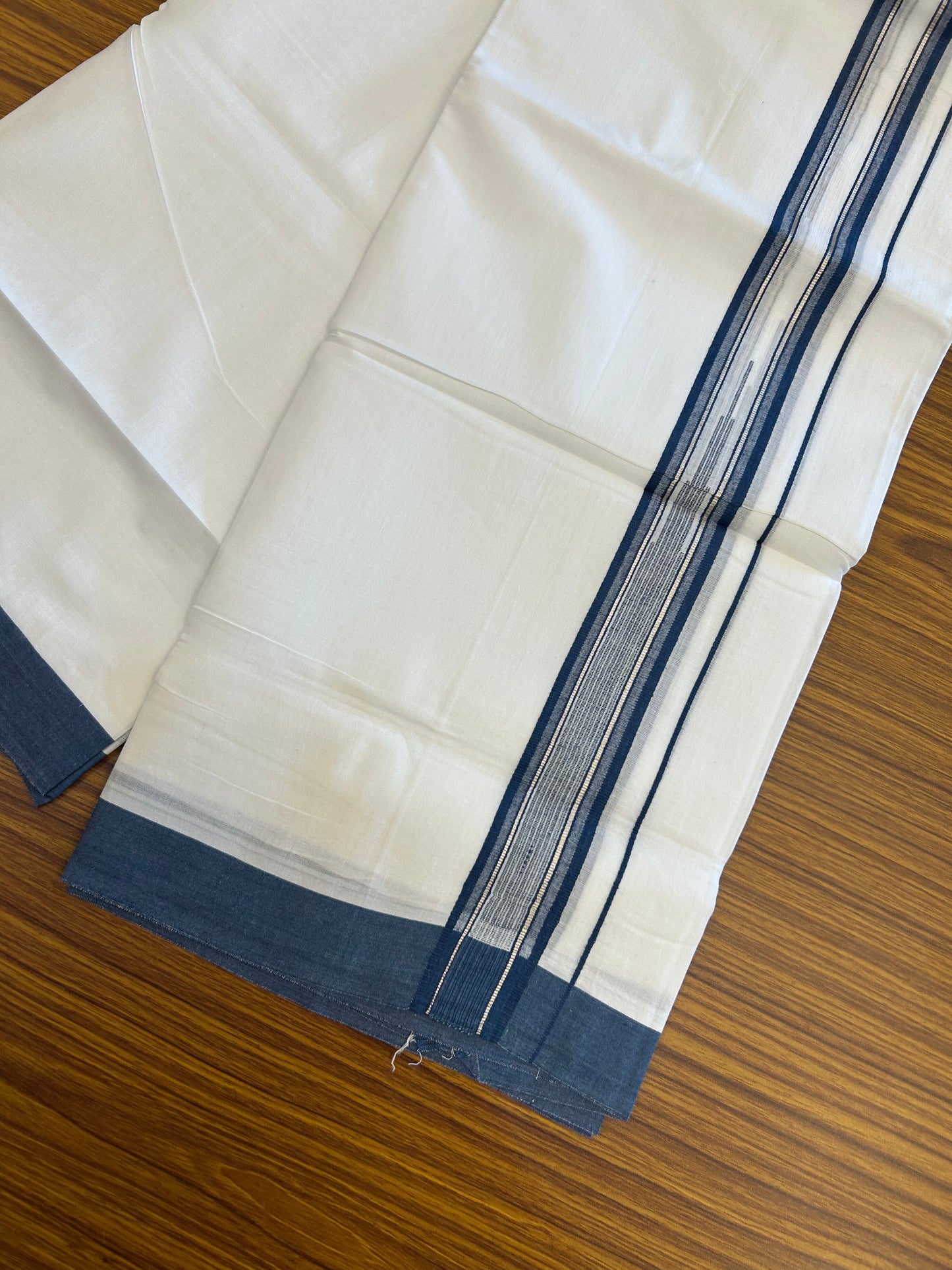 20% Discount ! Kaitharikada Balaramapuram 100% Pure Cotton Double Pure White Mundu/Dhoti - 100x80 - 1.75 inch Silver Kasav & Peacock Blue Shaded Stripes Chutty 3.90 mtr (8 muzham) - 142 KK5361 PMC