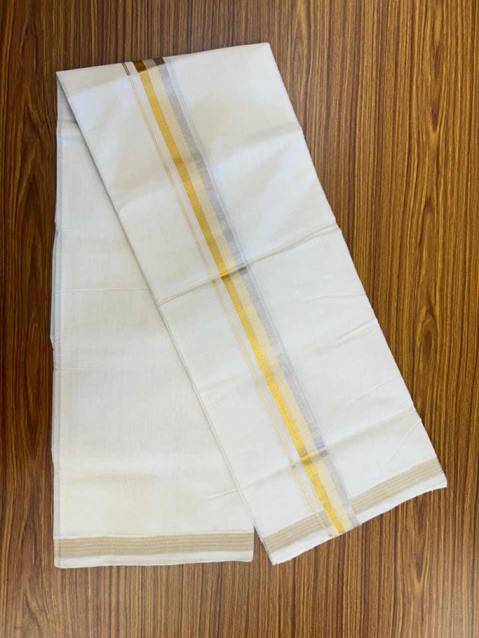 25% DISCOUNT!! KaithariKada HANDLOOM MILPAAV Balaramapuram - 100% PURE Cotton OFF White Double - (Unbleached) Mundu/Dothi - 80x90 - 1.5 inch Gold silver kasavu & White striped Kara - 84 KK5234 RAM