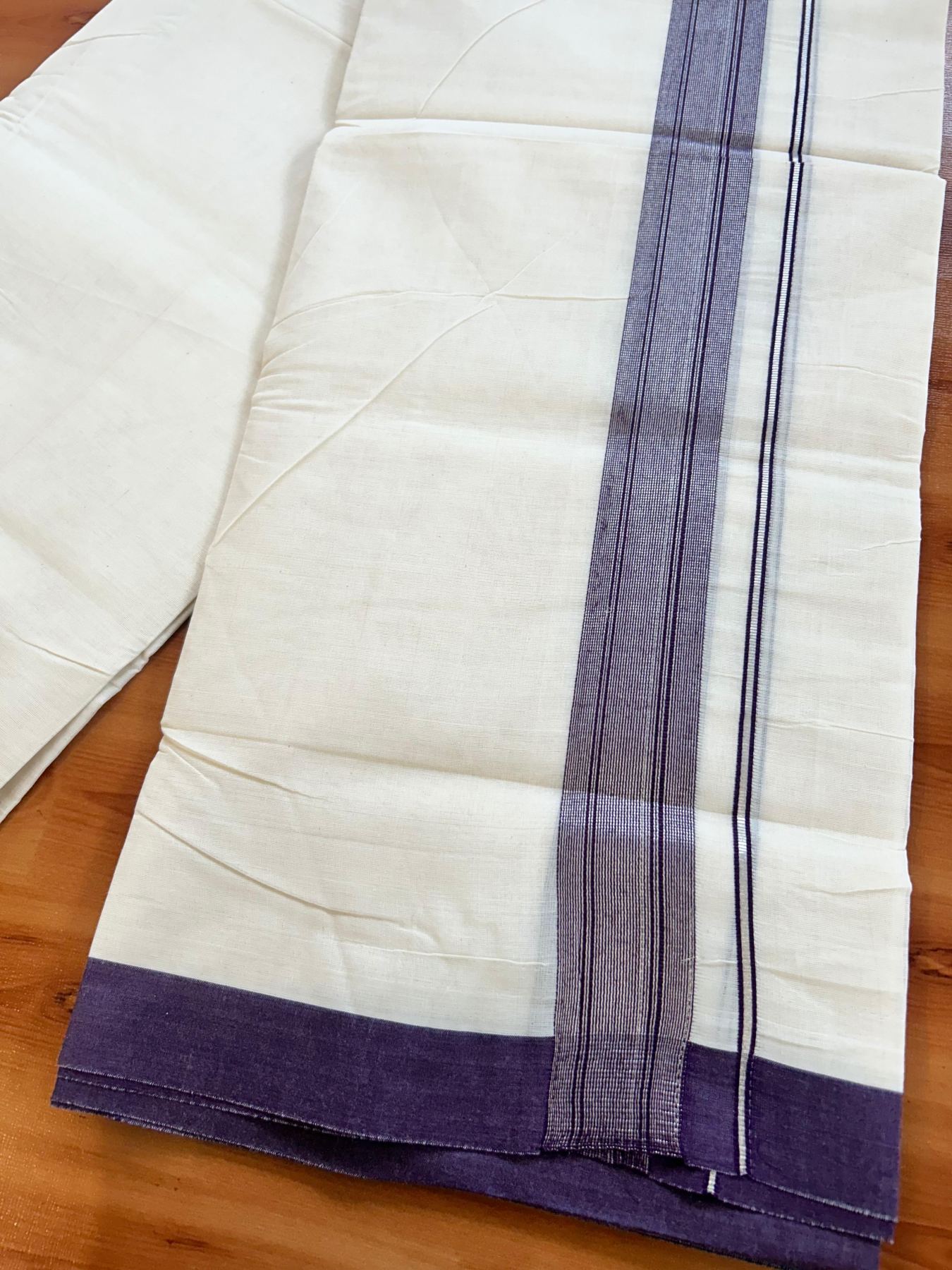 Double Off White (Unbleached) Mundu/Dhoti - 20% Discount! Kaitharikada Pure Cotton - 80x80 - 1.5 Inch Silver Kasav Wine purple Striped Kara 4 mtr (8.5 muzham) - 21 KK5489 MRH