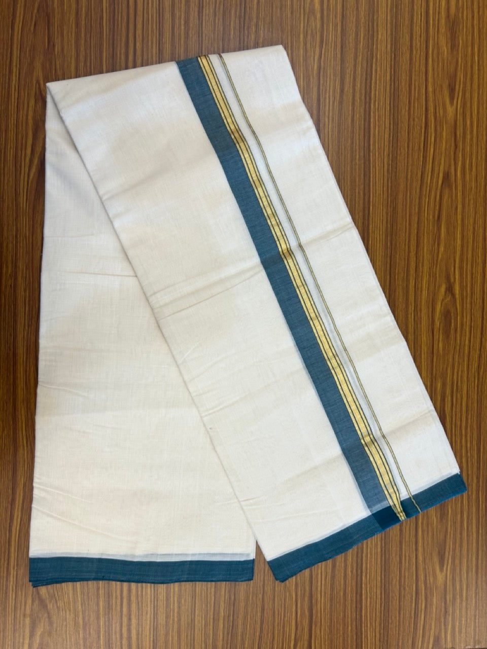 25% DISCOUNT!! KaithariKada HANDLOOM MILLPAAV Balaramapuram - 100% PURE Cotton OFF White (Unbleached) Double Mundu/Dothi - 80x90 - 1.5 inch Kasavu stripes Peacock green Mulloth Kara 4.5 Meters (10 Muzham) - 64KK5234 RAM