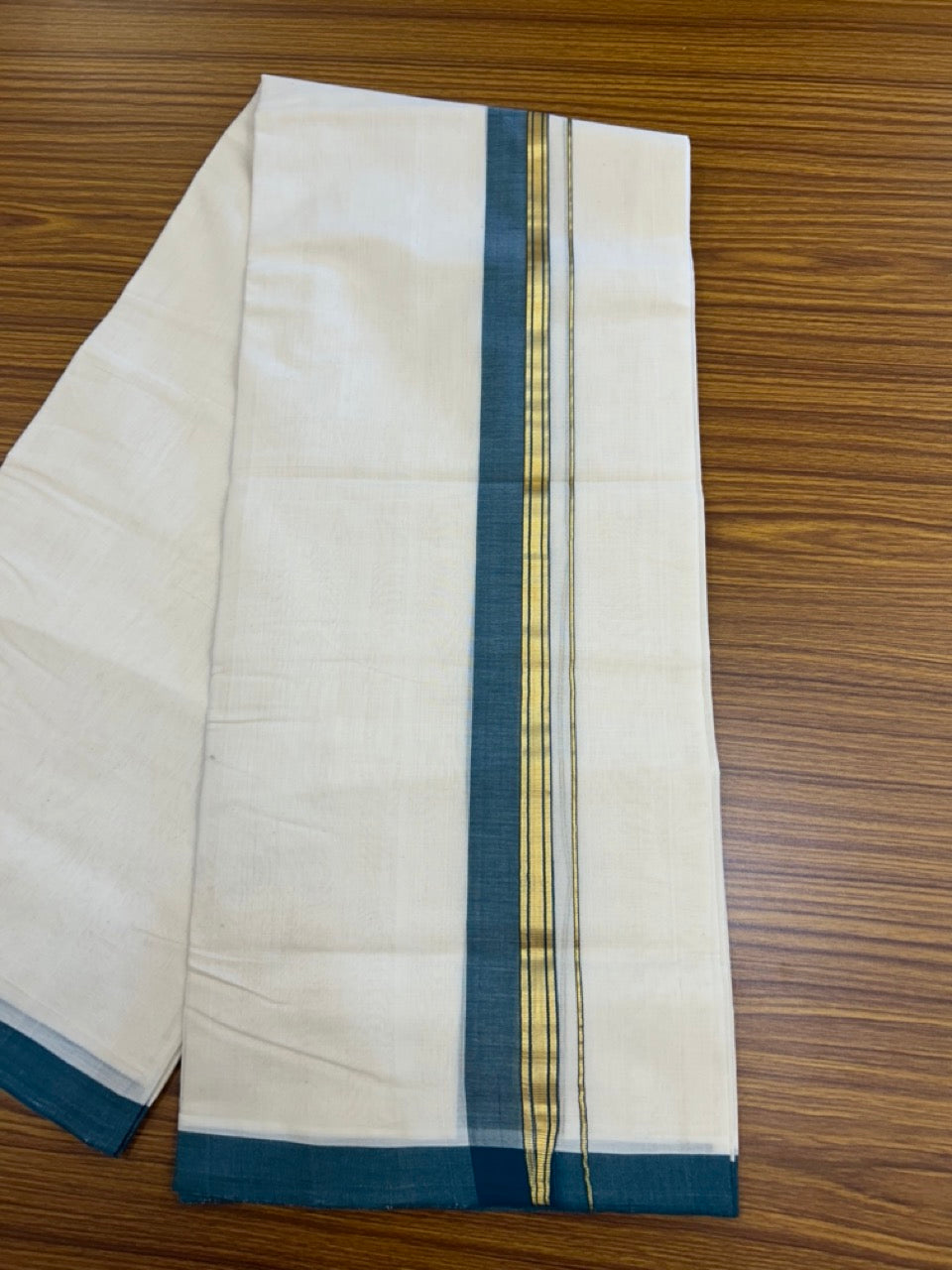 25% DISCOUNT!! KaithariKada HANDLOOM MILLPAAV Balaramapuram - 100% PURE Cotton OFF White (Unbleached) Double Mundu/Dothi - 80x90 - 1.5 inch Kasavu stripes Peacock green Mulloth Kara 4.5 Meters (10 Muzham) - 64KK5234 RAM