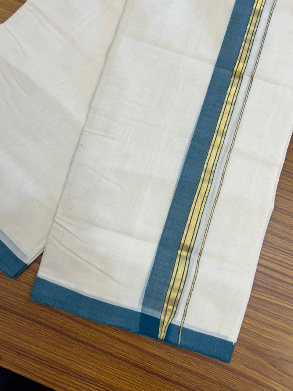 25% DISCOUNT!! KaithariKada HANDLOOM MILLPAAV Balaramapuram - 100% PURE Cotton OFF White (Unbleached) Double Mundu/Dothi - 80x90 - 1.5 inch Kasavu stripes Peacock green Mulloth Kara 4.5 Meters (10 Muzham) - 64KK5234 RAM