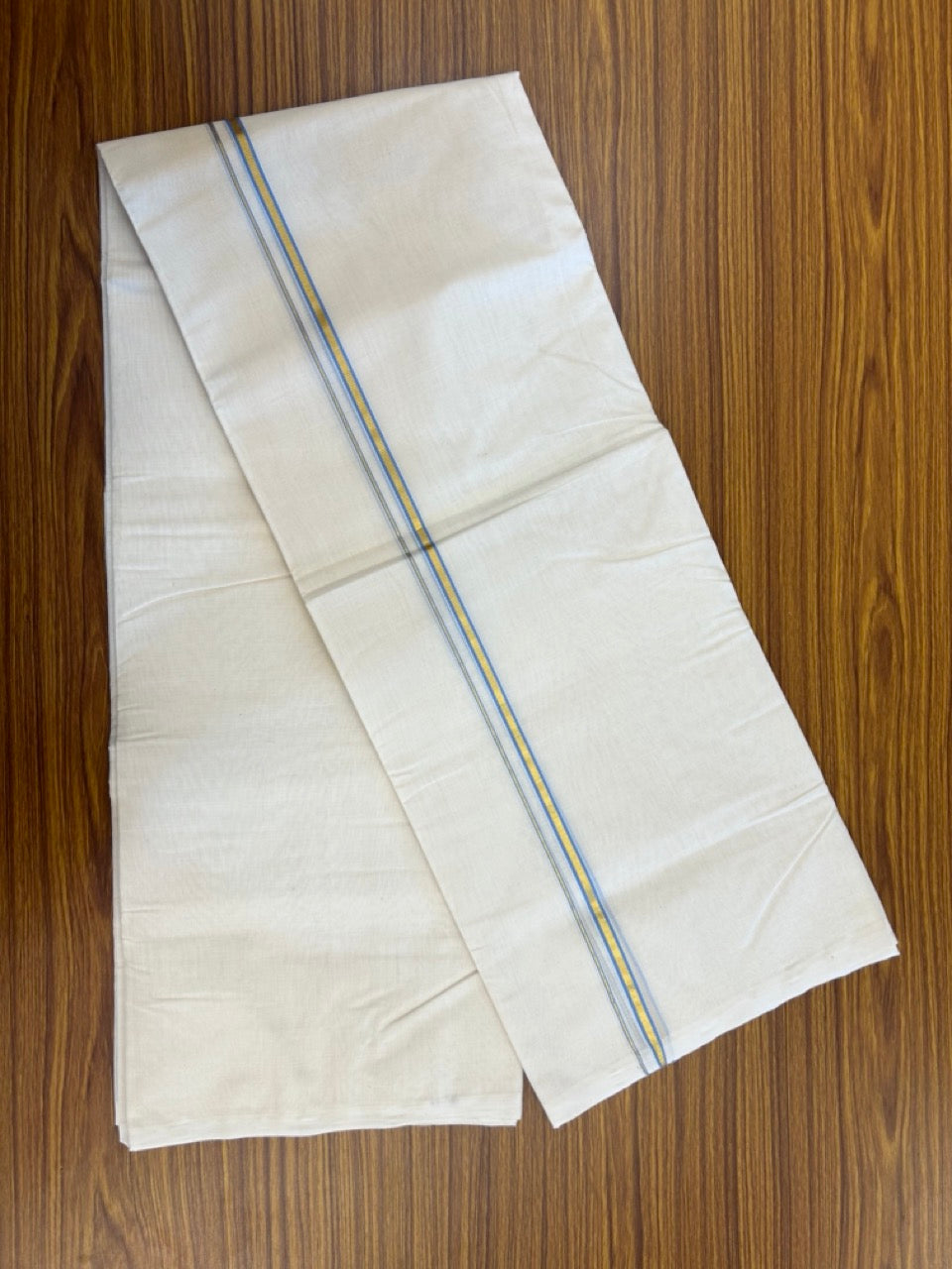 25% DISCOUNT!! KaithariKada HANDLOOM MILPAAV Balaramapuram - 100% PURE Cotton OFF White Double - (Unbleached) Mundu/Dothi - 80x90 - 1 cm Kasavu Sky blue Kara - 78KK5234 RAM
