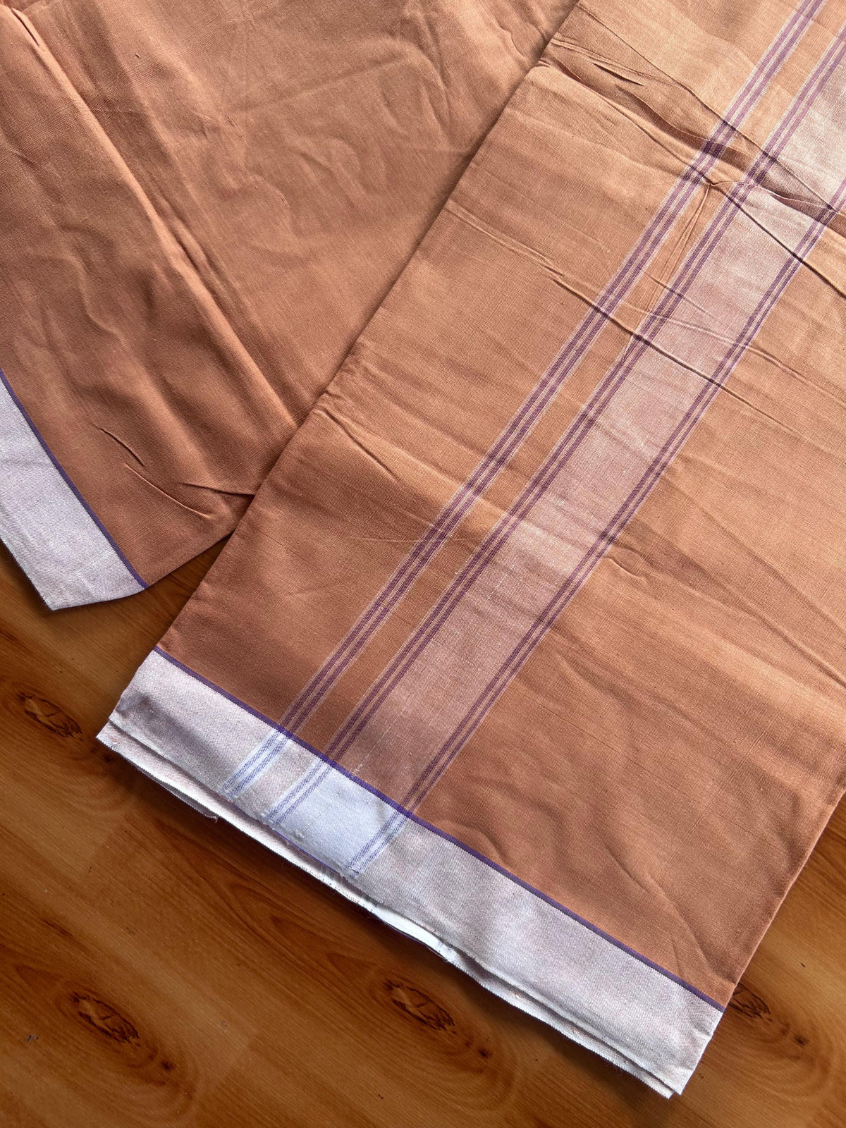Kerala Handloom - Signature Kaitharikada - 100% Pure Cotton 2/60x40s Thread - Single Mundu / Dhoti - 1.5 inch Violet & White Shaded Striped Kara with Kavi colour Body - 73 KK8080 KAL