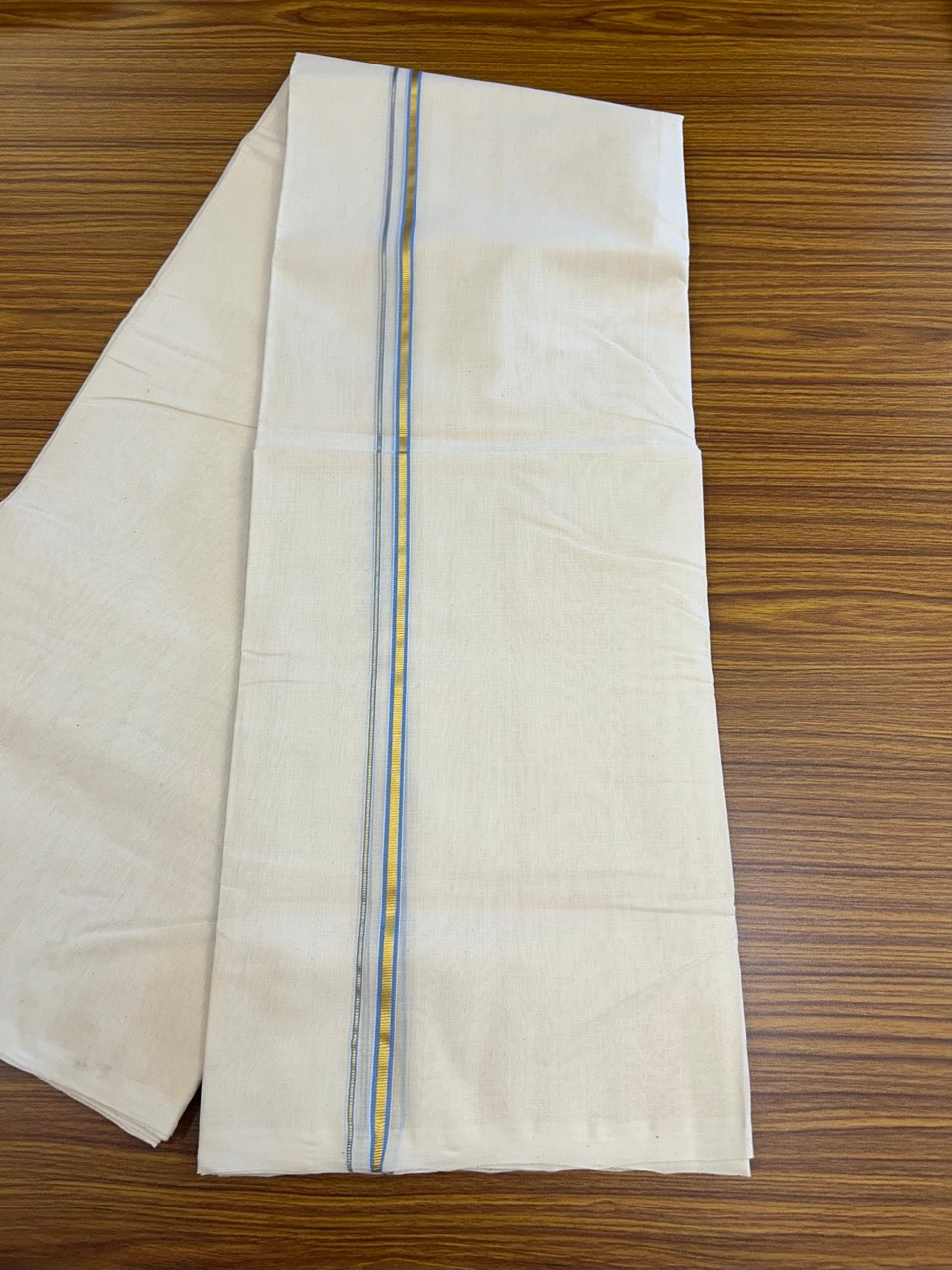 25% DISCOUNT!! KaithariKada HANDLOOM MILPAAV Balaramapuram - 100% PURE Cotton OFF White Double - (Unbleached) Mundu/Dothi - 80x90 - 1 cm Kasavu Sky blue Kara - 78KK5234 RAM