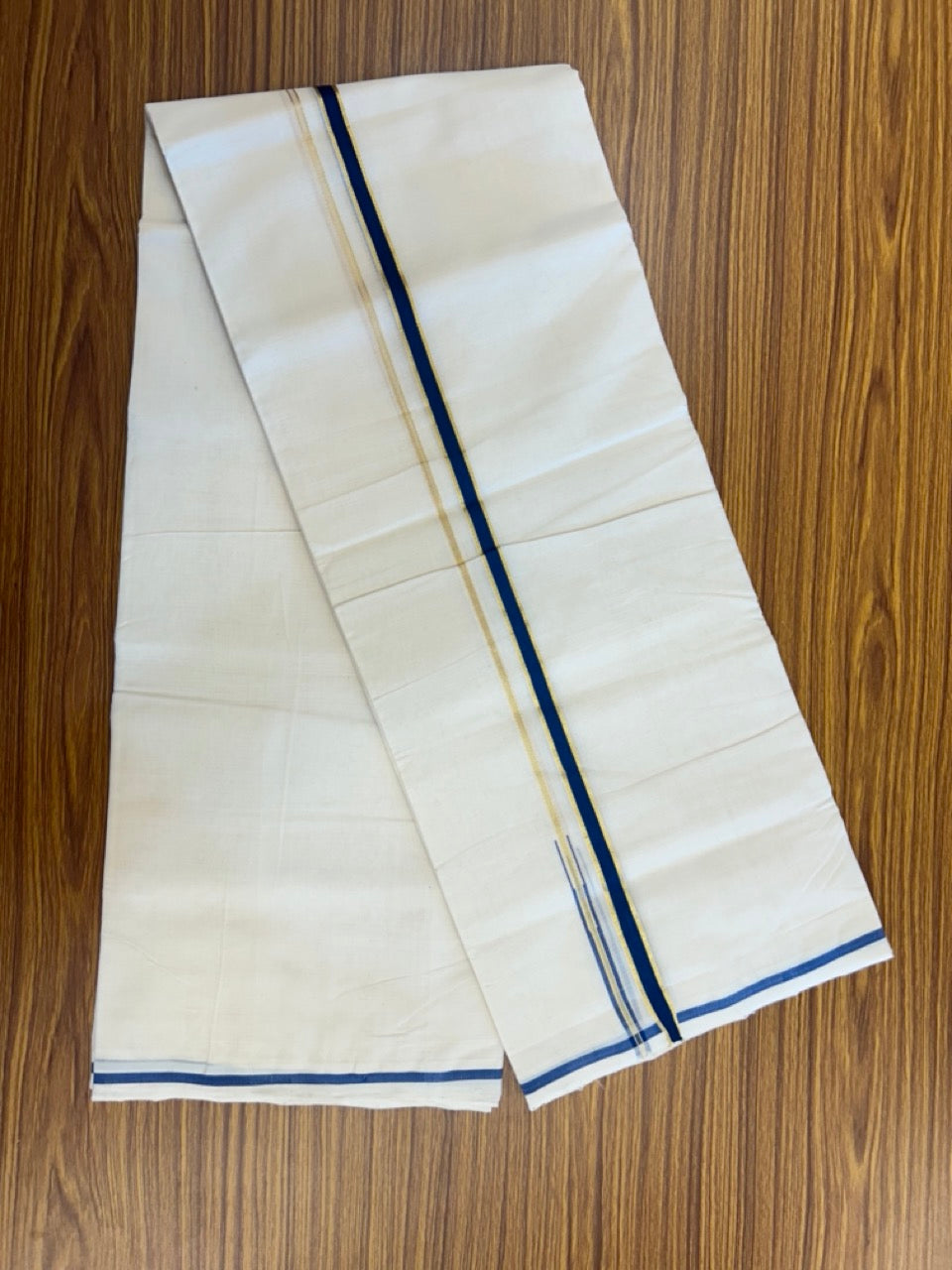 25% DISCOUNT!! KaithariKada HANDLOOM MILPAAV Balaramapuram - 100% PURE Cotton OFF White Double - (Unbleached) Mundu/Dothi - 80x90 - 0.5 Inch Kasavu Peacock Blue Puliyilakkara chutty - 71KK5234 RAM