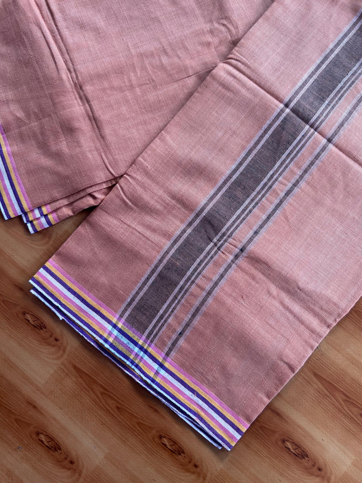 Kerala Handloom - Signature Kaitharikada - 100% Pure Cotton 2/40x26s Thread - Single Mundu / Dhoti - 1.75 inch Black & White Shaded Striped Kara with Kavi colour Body - 74 KK8080 KAL