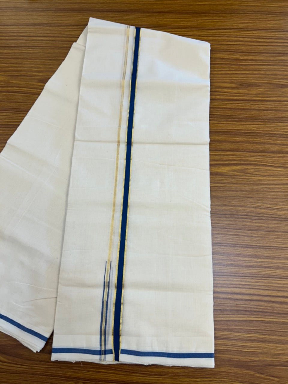 25% DISCOUNT!! KaithariKada HANDLOOM MILPAAV Balaramapuram - 100% PURE Cotton OFF White Double - (Unbleached) Mundu/Dothi - 80x90 - 0.5 Inch Kasavu Peacock Blue Puliyilakkara chutty - 71KK5234 RAM