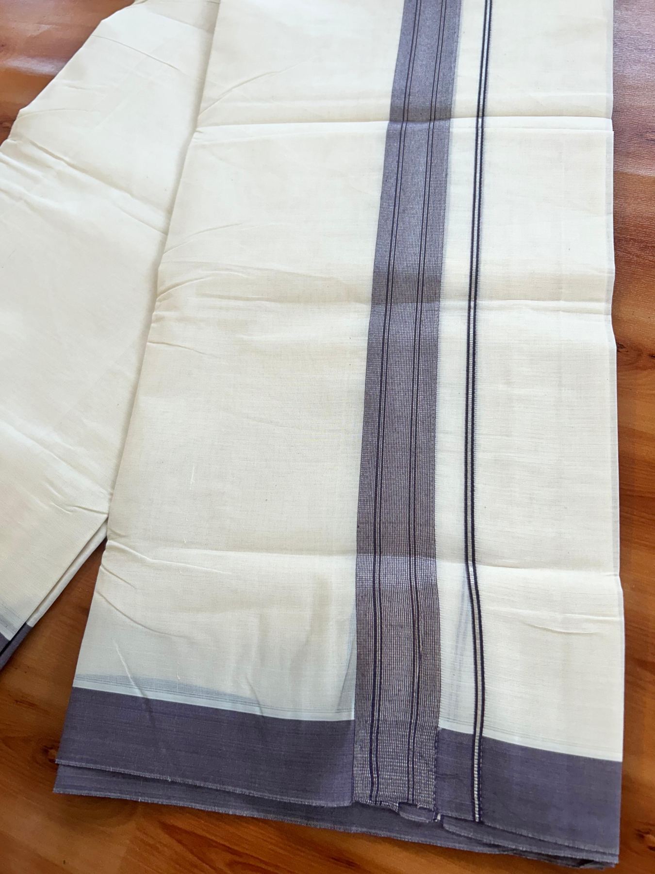 Double Off White (Unbleached) Mundu/Dhoti - 20% Discount! Kaitharikada Pure Cotton - 80x80 - 1.5 Inch Silver Kasav Purple ash Striped Kara 4 mtr (8.5 muzham) - 23 KK5489 MRH