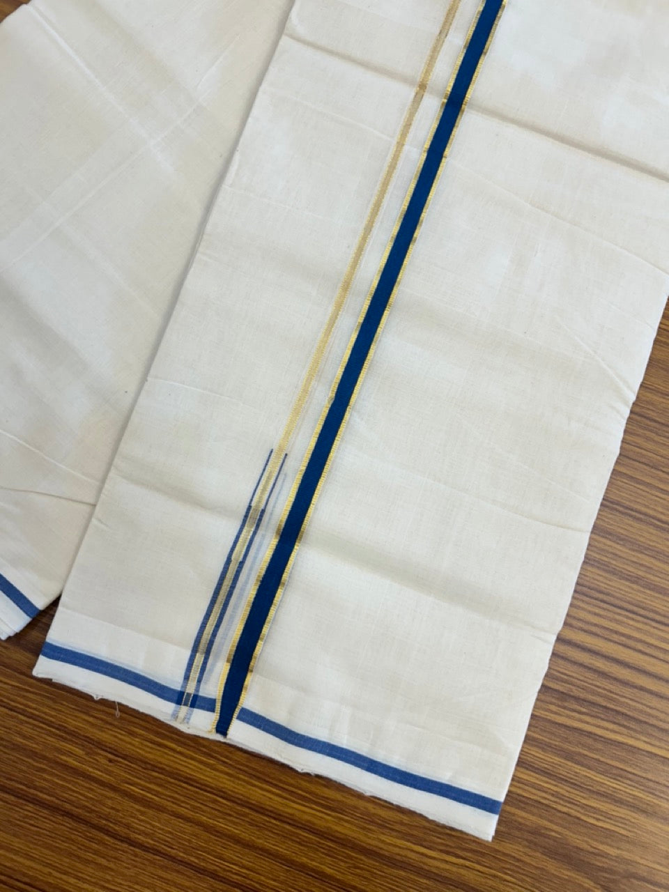 25% DISCOUNT!! KaithariKada HANDLOOM MILPAAV Balaramapuram - 100% PURE Cotton OFF White Double - (Unbleached) Mundu/Dothi - 80x90 - 0.5 Inch Kasavu Peacock Blue Puliyilakkara chutty - 71KK5234 RAM