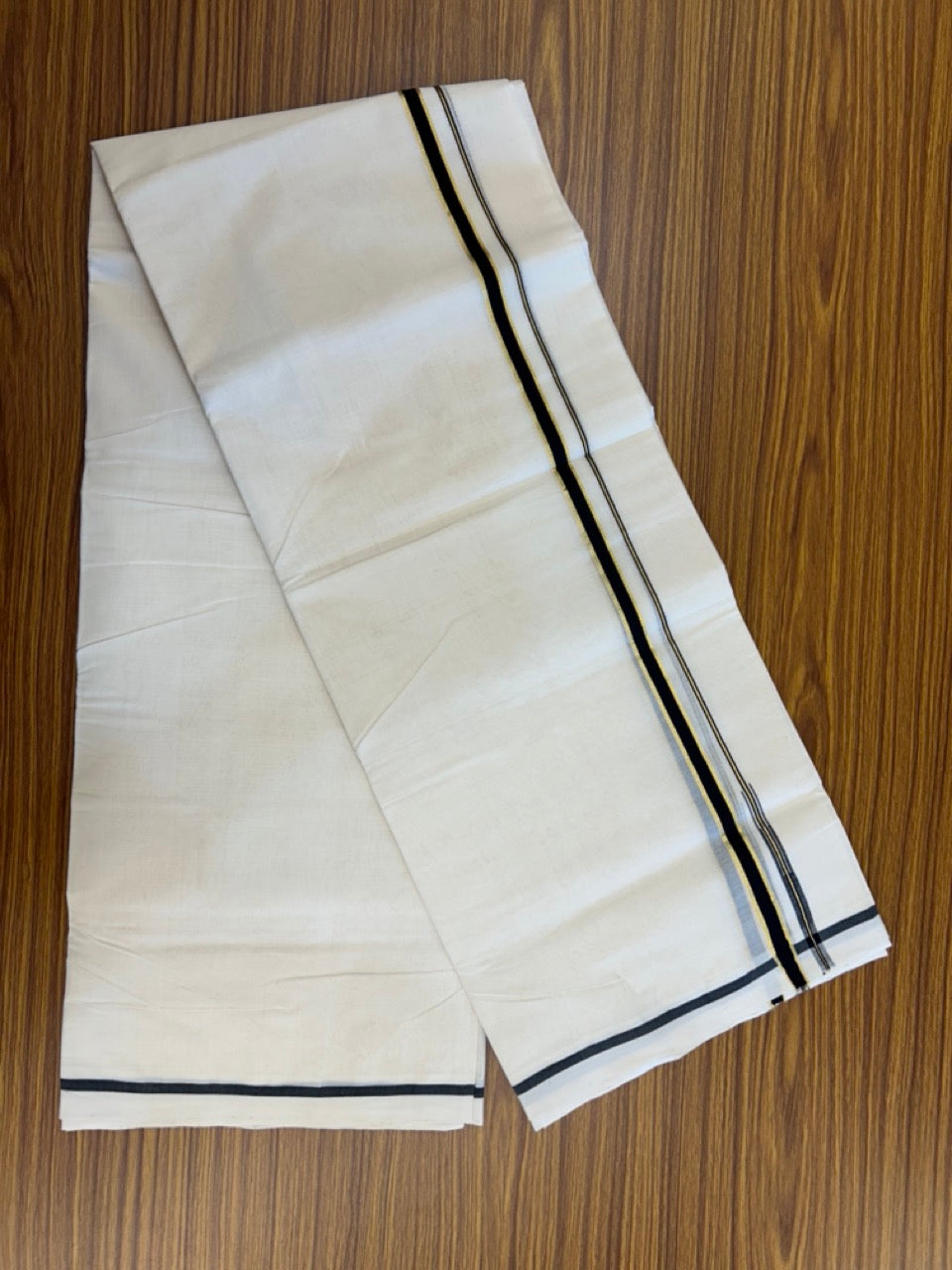 25% DISCOUNT!! KaithariKada HANDLOOM MILPAAV Balaramapuram - 100% PURE Cotton OFF White Double - (Unbleached) Mundu/Dothi - 80x90 - 0.5 Inch Kasavu Black Puliyilakkara chutty - 69KK5234 RAM