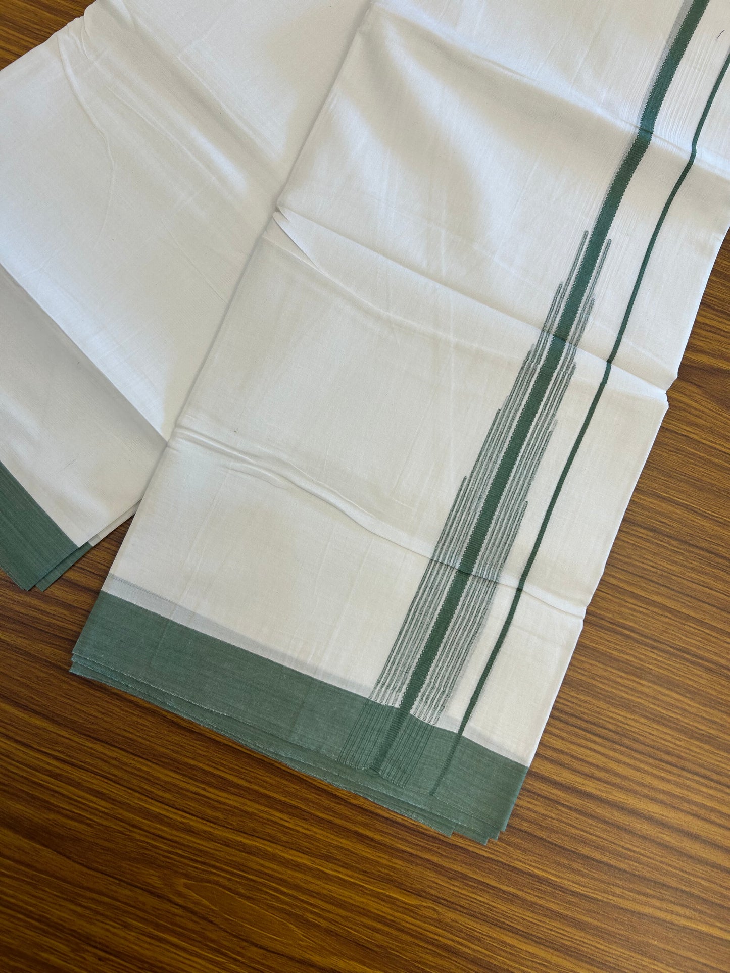 20% Discount ! Kaitharikada Balaramapuram 100% Pure Cotton Double Pure White Mundu/Dhoti - 100x80 - 1.25 inch Forest Green Shaded Striped Chutty 3.90 mtr (8 muzham) - 73 KK5361 PMC