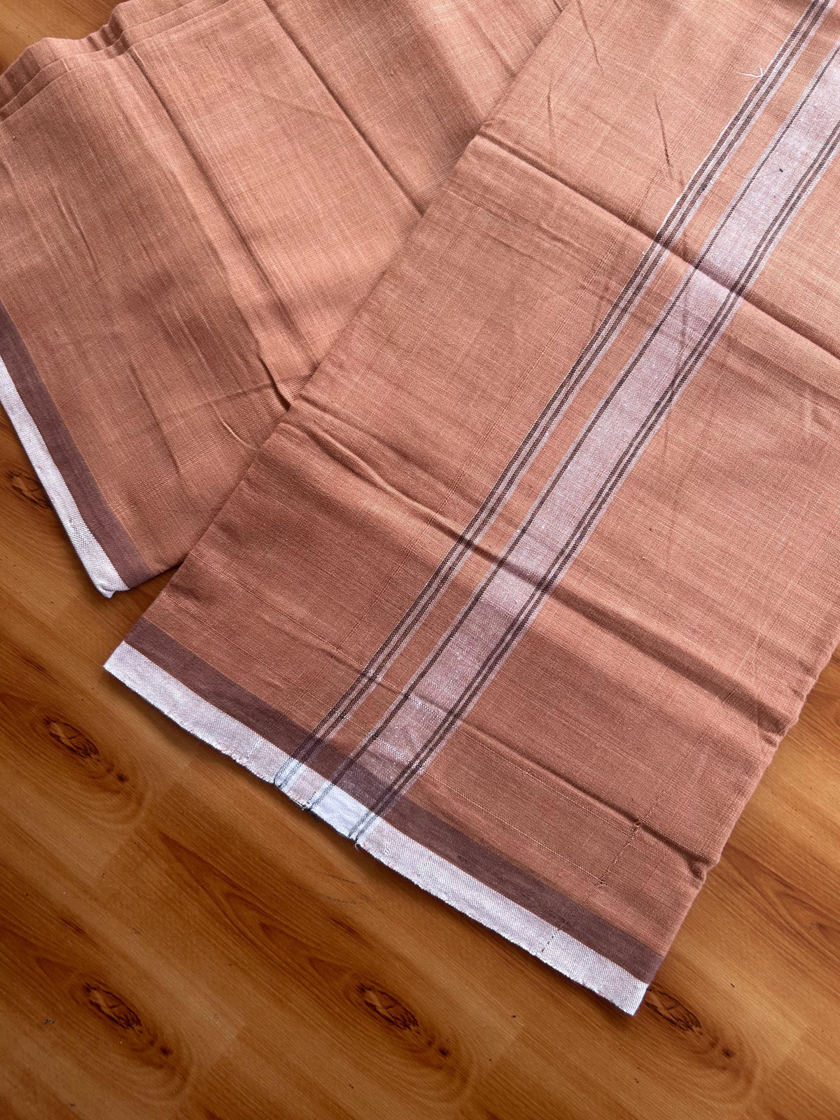 Kerala Handloom - Signature Kaitharikada - 100% Pure Cotton 2/40x26s Thread - Single Mundu / Dhoti - 1 inch Black & White Shaded Striped Kara with Kavi colour Body - 75 KK8080 KAL