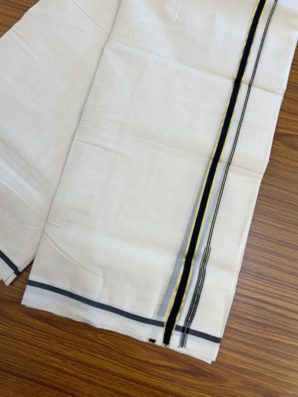 25% DISCOUNT!! KaithariKada HANDLOOM MILPAAV Balaramapuram - 100% PURE Cotton OFF White Double - (Unbleached) Mundu/Dothi - 80x90 - 0.5 Inch Kasavu Black Puliyilakkara chutty - 69KK5234 RAM