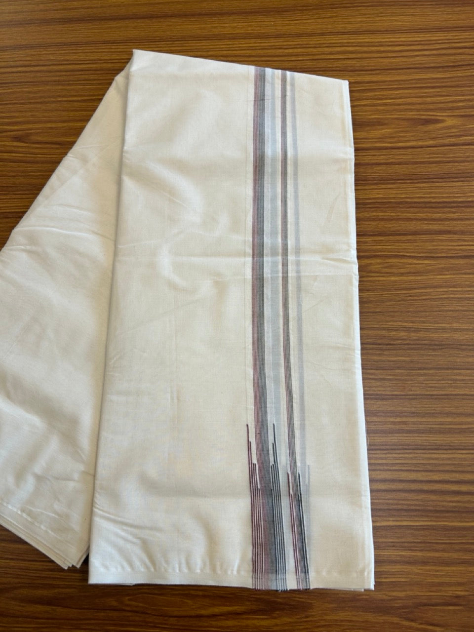 ADMK VESHTI SHORT DHOTI SPECIAL! Kaitharikada.com - 19% Discount! Balaramapuram Double Off white - (Unbleached) Mundu/Dhoti - 100X100 - 1 inch Kara & 46 inches Height Puliyilakkara Maroon & Black Striped Chutty Kara - 2KK5080ASH