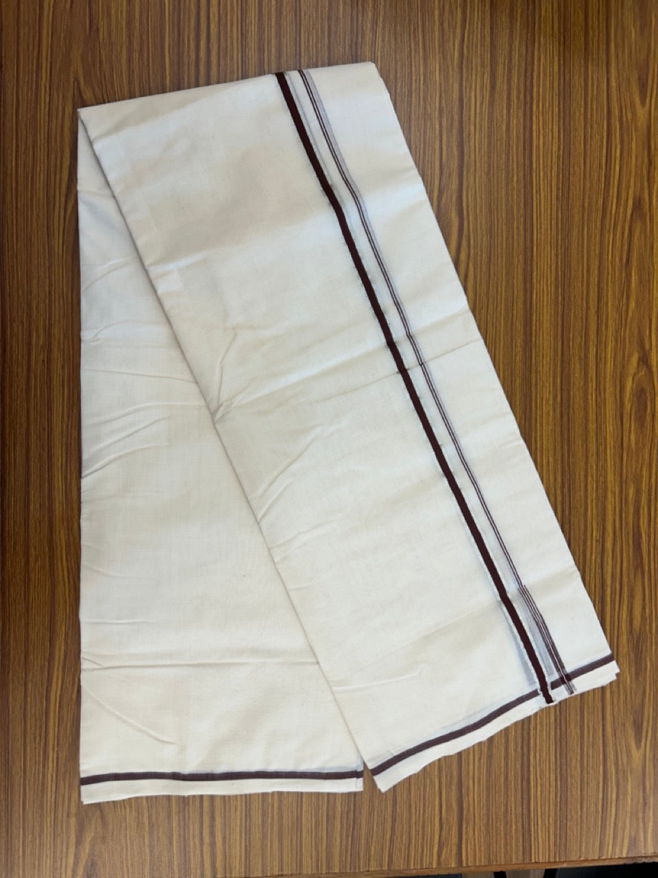 25% DISCOUNT!! KaithariKada HANDLOOM MILPAAV Balaramapuram - 100% PURE Cotton OFF White Double - (Unbleached) Mundu/Dothi - 80x90 - 0.5 Inch Silver Kasavu Brownish Maroon Puliyilakkara chutty - 74KK5234 RAM