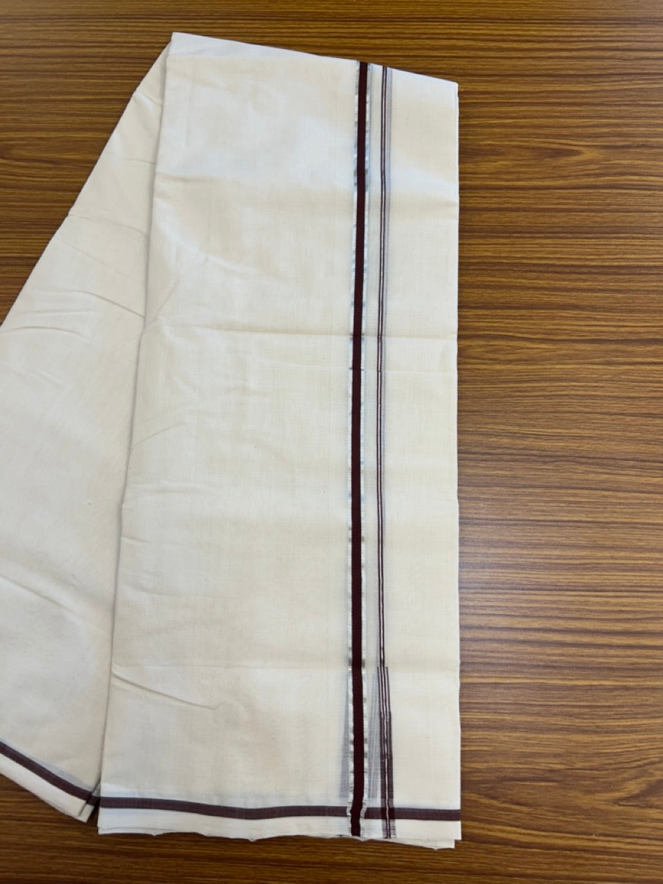 25% DISCOUNT!! KaithariKada HANDLOOM MILPAAV Balaramapuram - 100% PURE Cotton OFF White Double - (Unbleached) Mundu/Dothi - 80x90 - 0.5 Inch Silver Kasavu Brownish Maroon Puliyilakkara chutty - 74KK5234 RAM