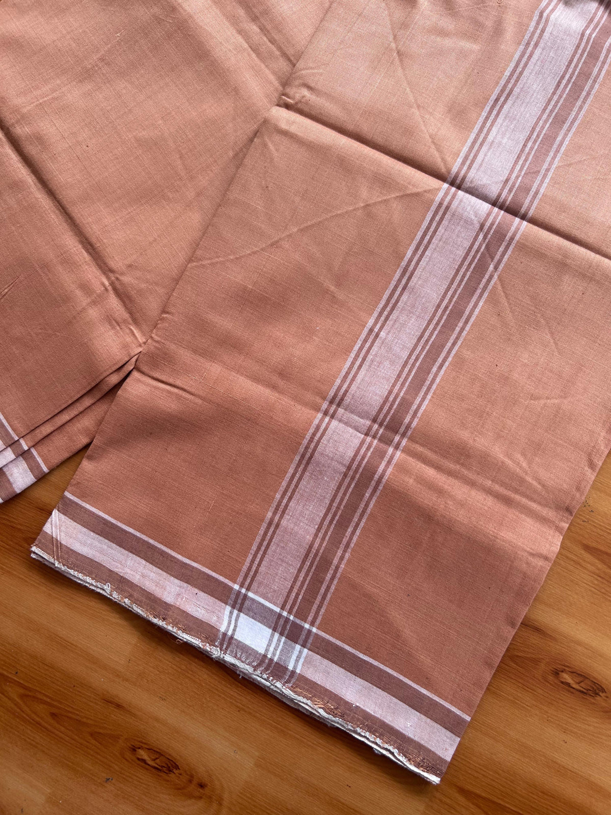 Kerala Handloom - Signature Kaitharikada - 100% Pure Cotton 2/80x2/80s Thread - Single Mundu / Dhoti - 1 inch White Shaded Striped Kara with Kavi colour Body - 78 KK8080 KAL